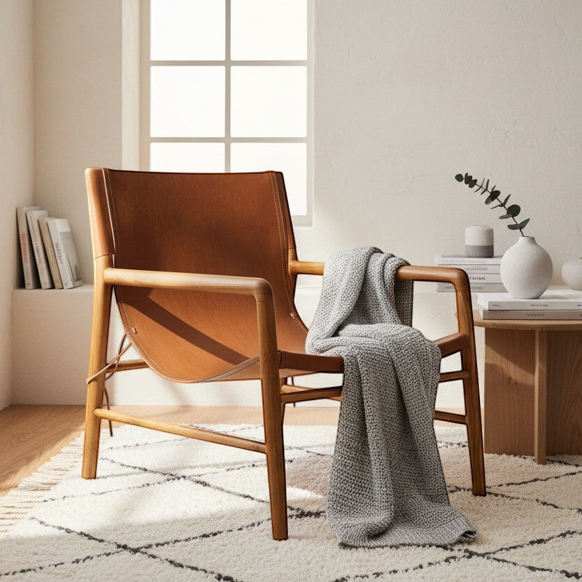 Kayu Living Marita armchair with cognac leather seat and teak wood frame. Modern lounge chair with a relaxed design.