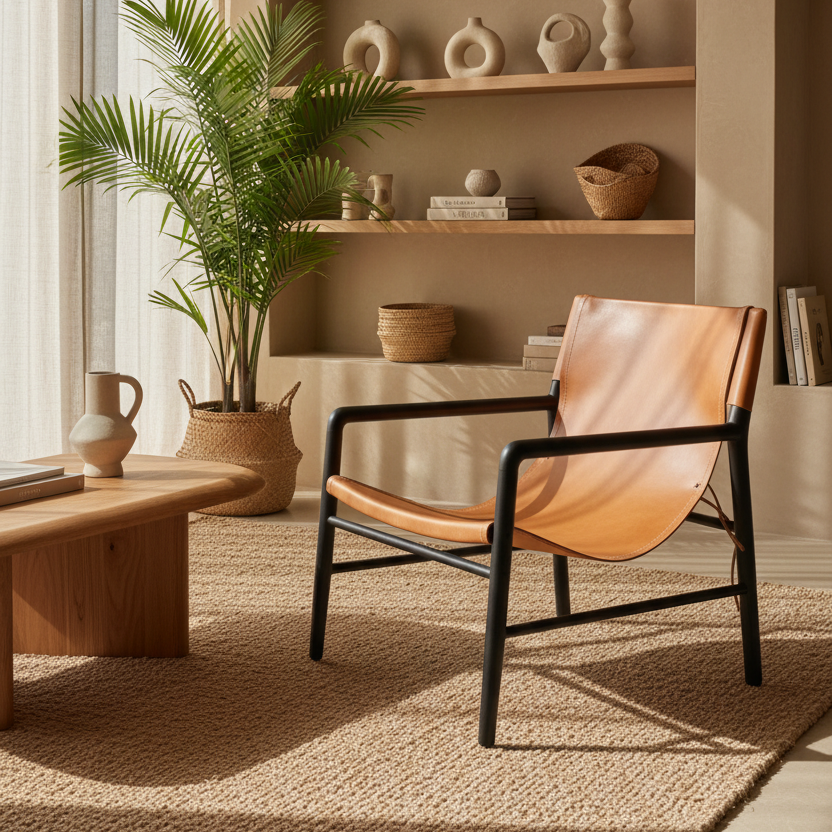 A modern leather armchair with a curved tan leather seat and backrest and a black metal frame, styled in a warm, minimalist living room next to a wooden coffee table and a large potted palm.