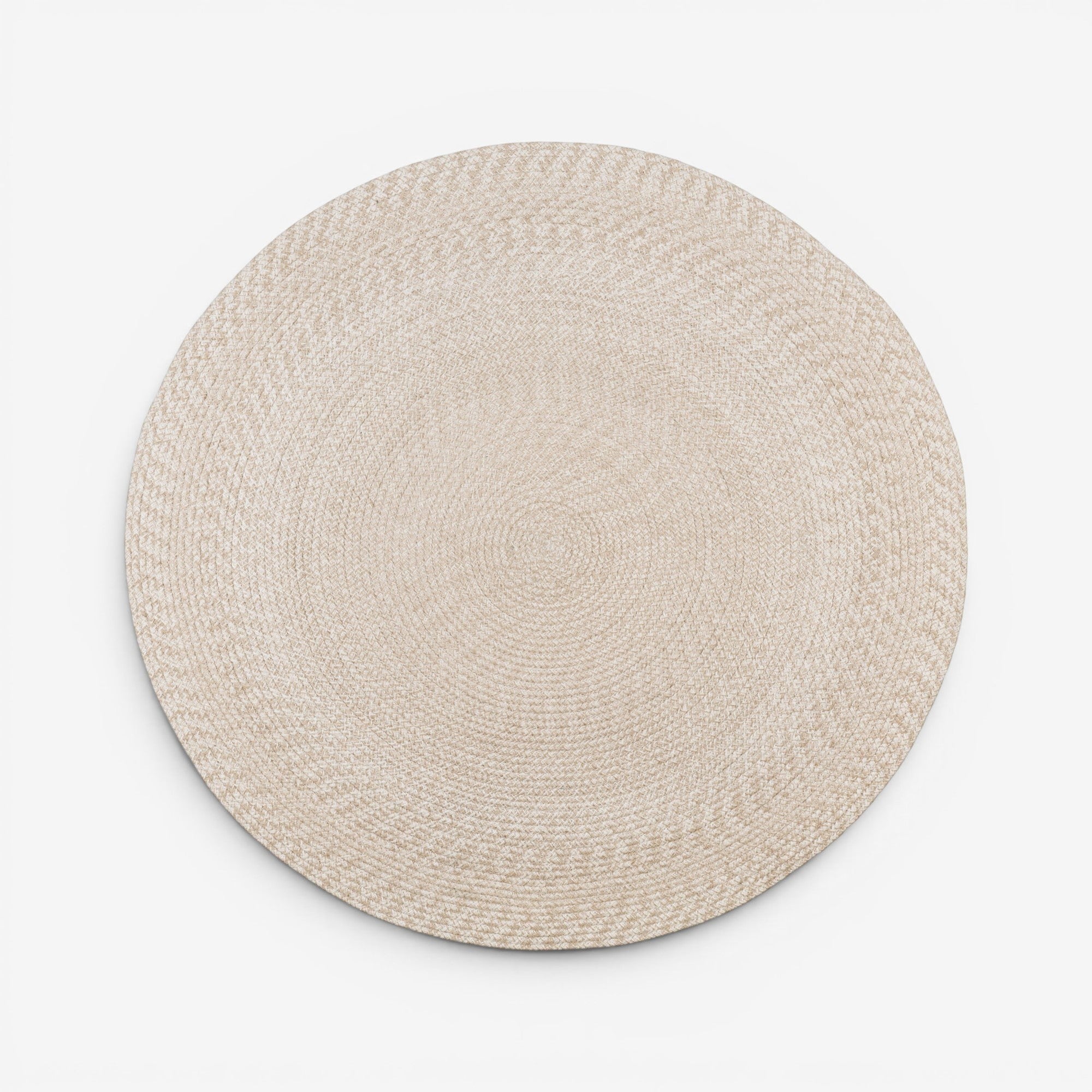 Kayu Living Menorca round rug in sand colour, made from 100% recycled PET plastic, 120cm diameter.