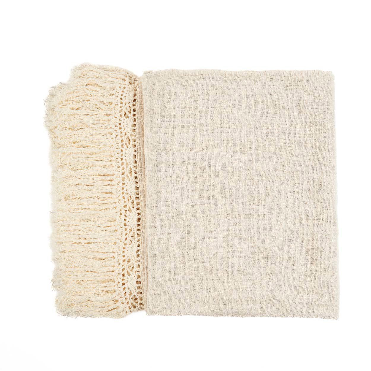 Kayu Living Gypsy bed throw in natural cotton with intricate crochet lace trim and soft fringe edges.