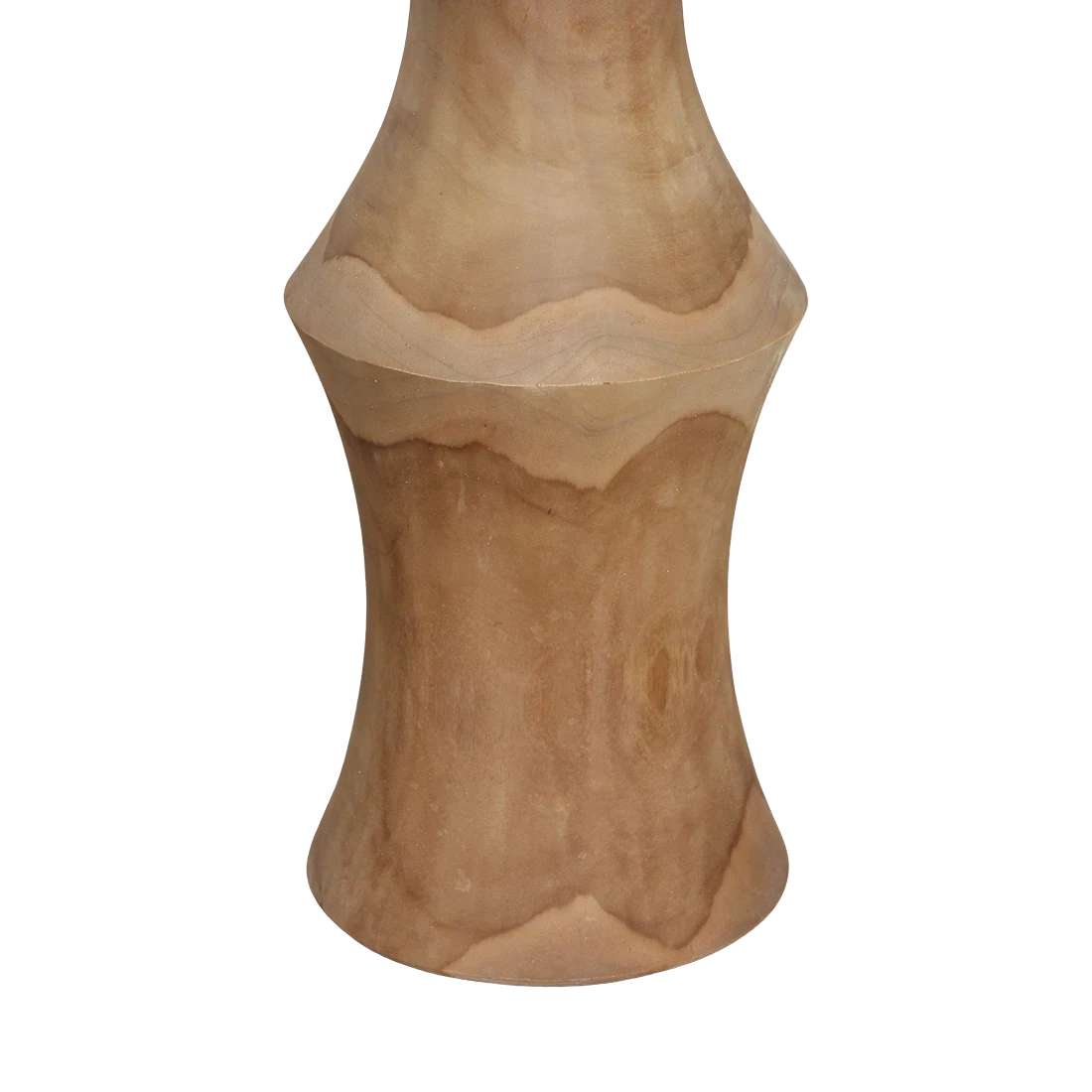 Kayu Living Nero Dawn side table in natural teak wood with a smooth, hourglass-shaped silhouette.