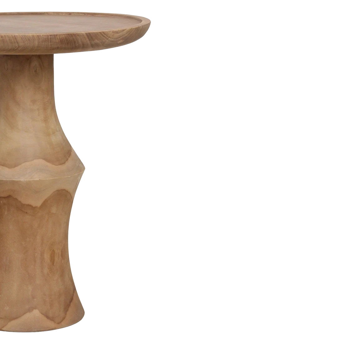 Kayu Living Nero Dawn side table in natural teak wood with a sculptural pedestal base and smooth round top.
