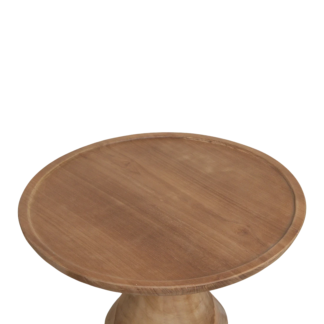Kayu Living Nero Dawn round teak side table with a natural wood finish and raised edge detail