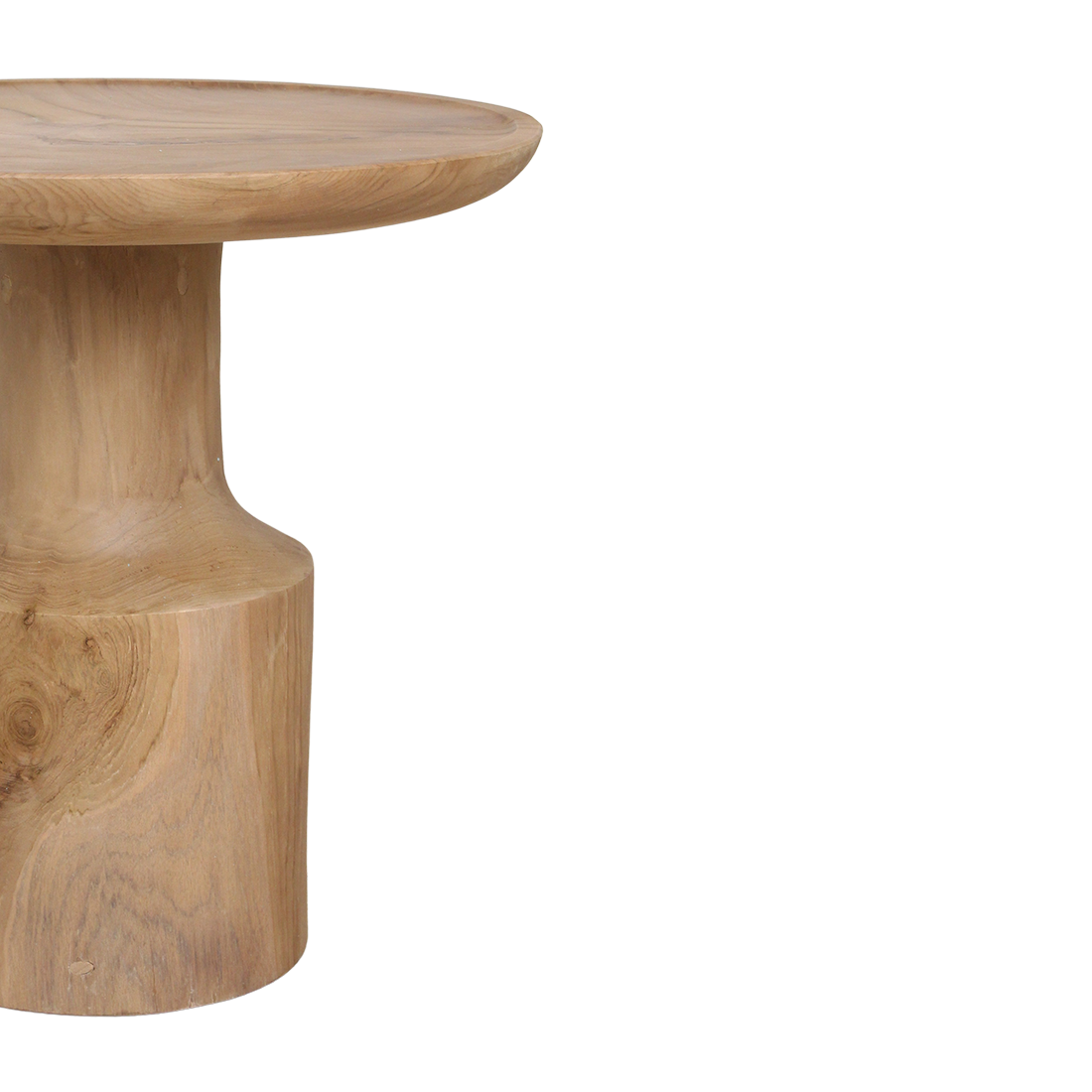 Kayu Living Nero Day side table in natural teak wood with a smooth, modern pedestal base and round tabletop.