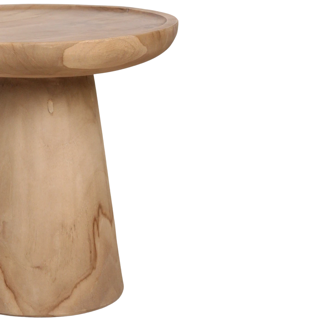 Kayu Living Nero Ray side table in natural teak wood with a smooth round top and tapered pedestal base.