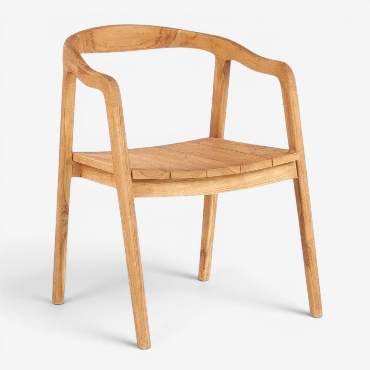 Kayu Living Nihi Oka dining chair in natural teak with curved back and slatted seat, perfect for indoor or outdoor use.