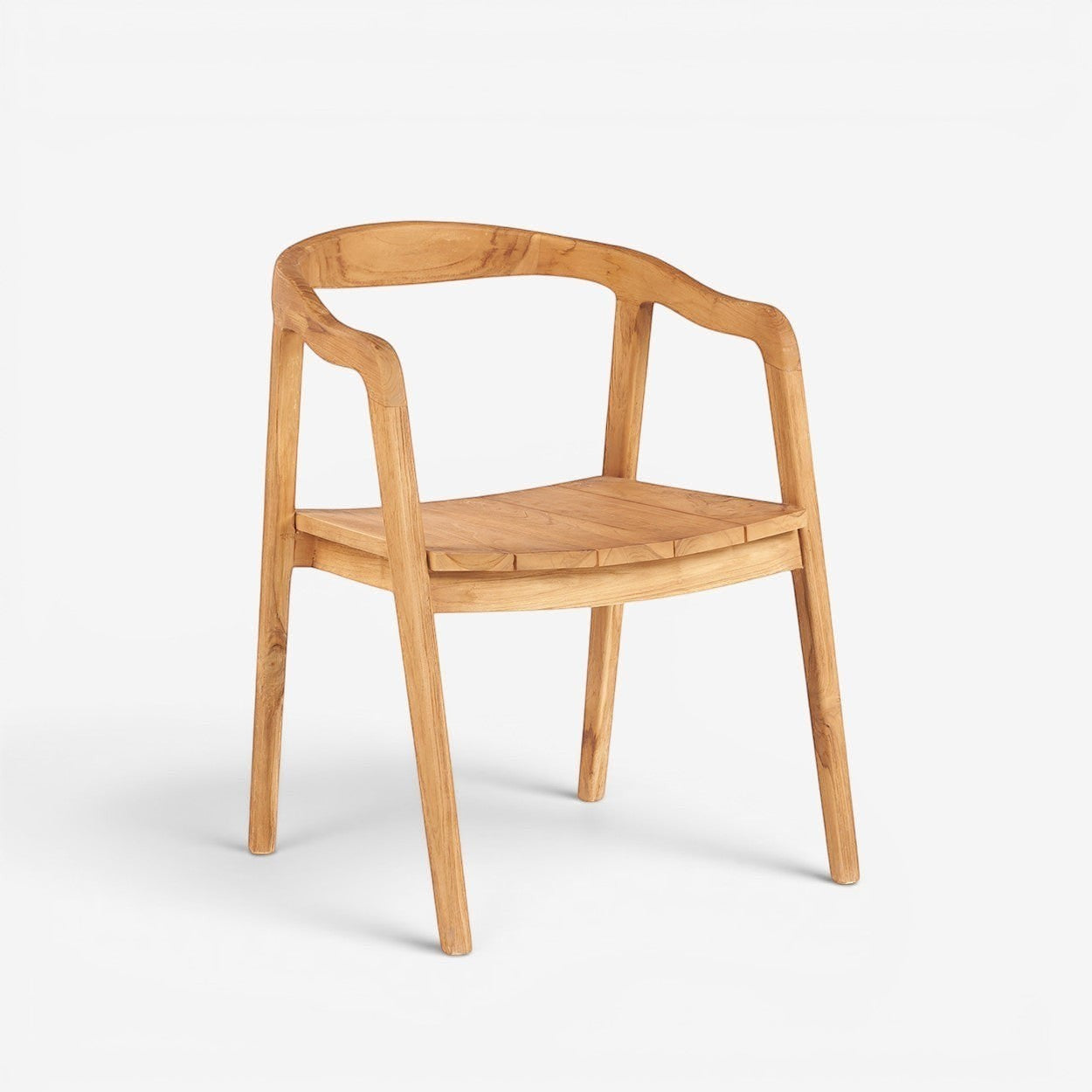 Kayu Living Nihi Oka dining chair in natural teak with curved back and slatted seat, perfect for indoor or outdoor use.
