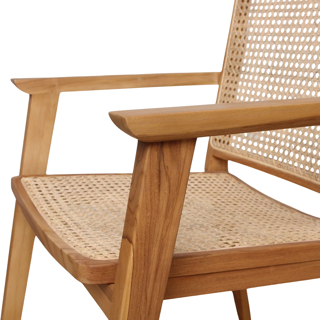 Kayu Living Nova teak dining chair with armrests and hand-woven rattan seat and back in a natural wood finish.