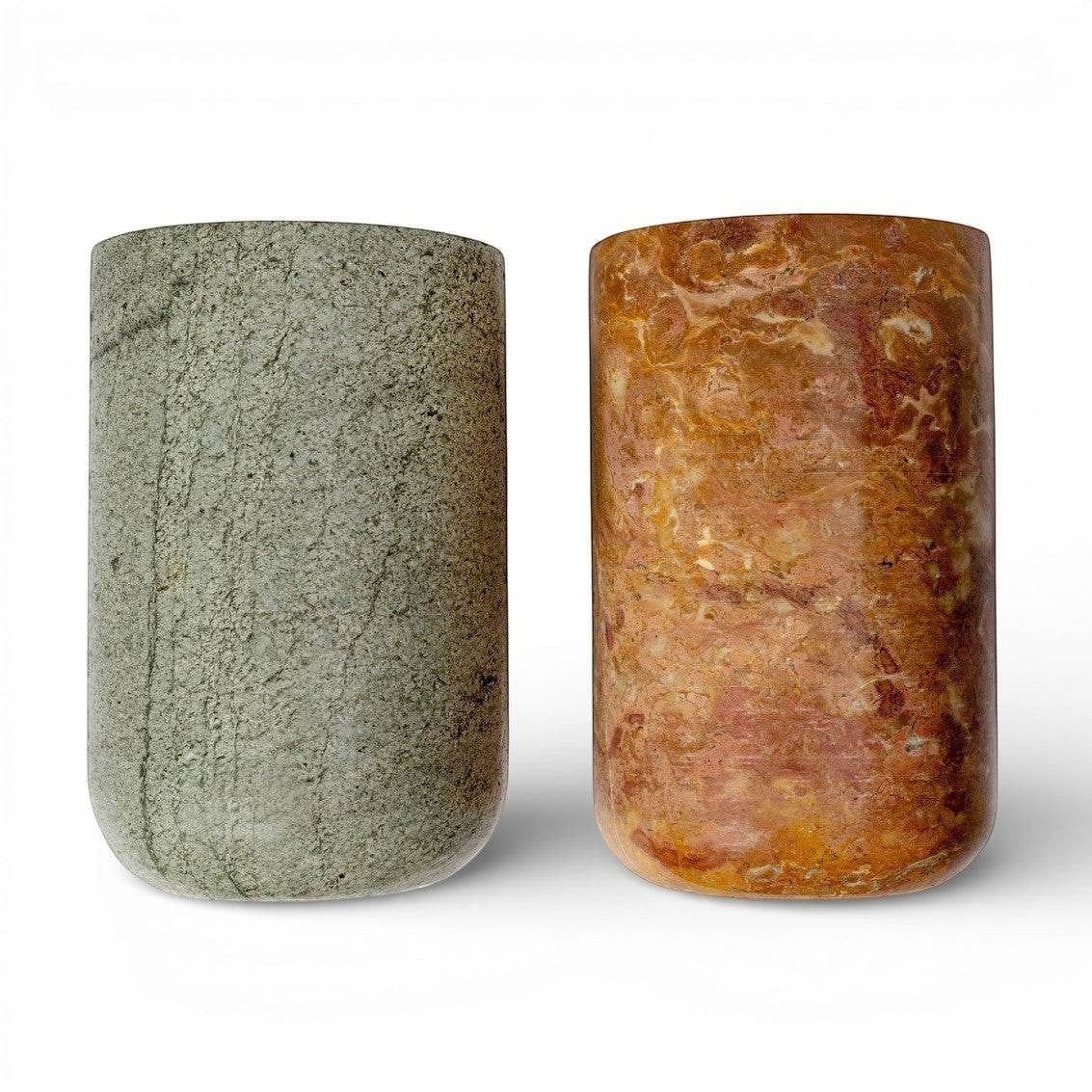 Kayu Living caramel and green onyx stone wine cooler and vase with unique veining. Handcrafted natural stone.
