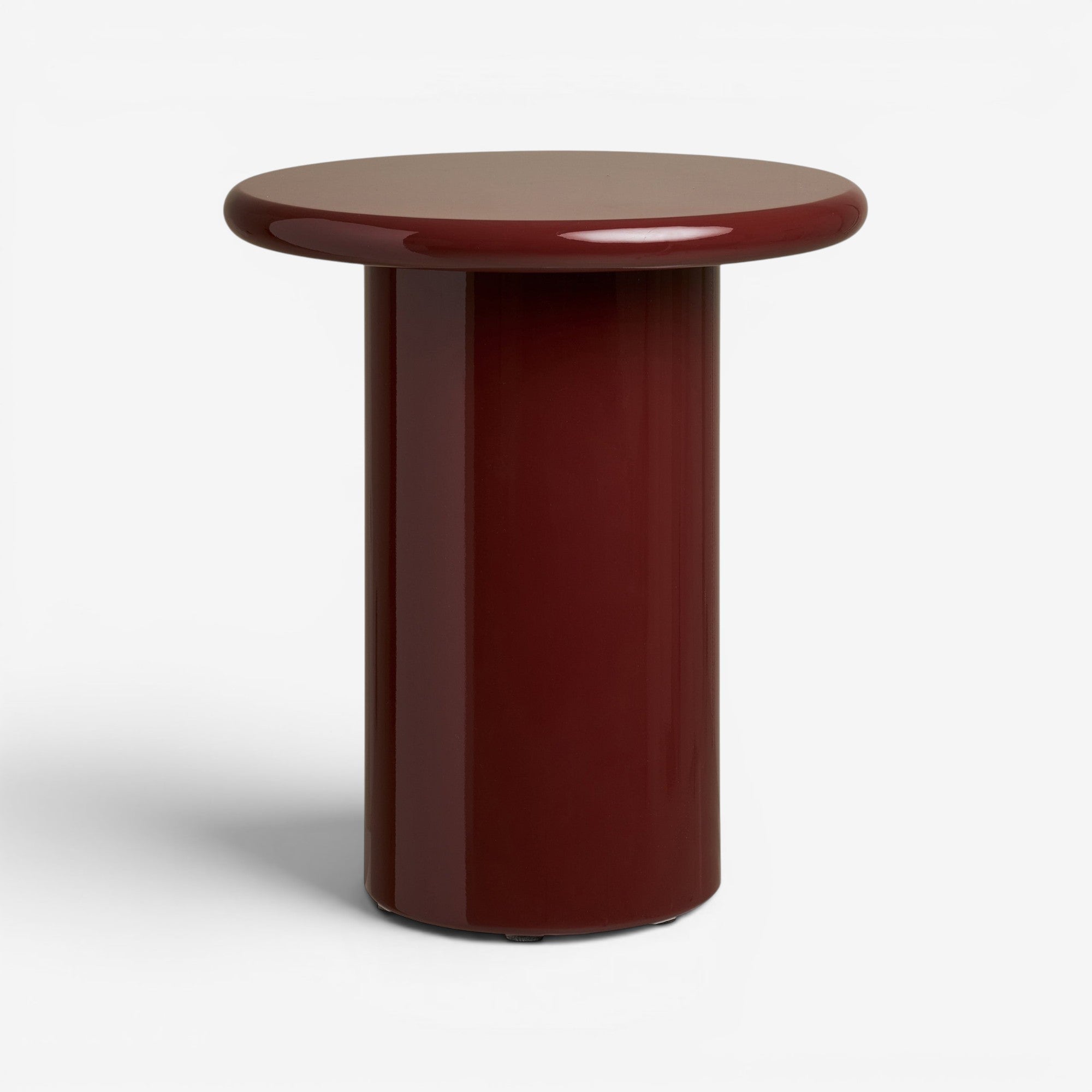 Kayu Living Otago side table in burgundy, made from MDF with a modern cylindrical design.