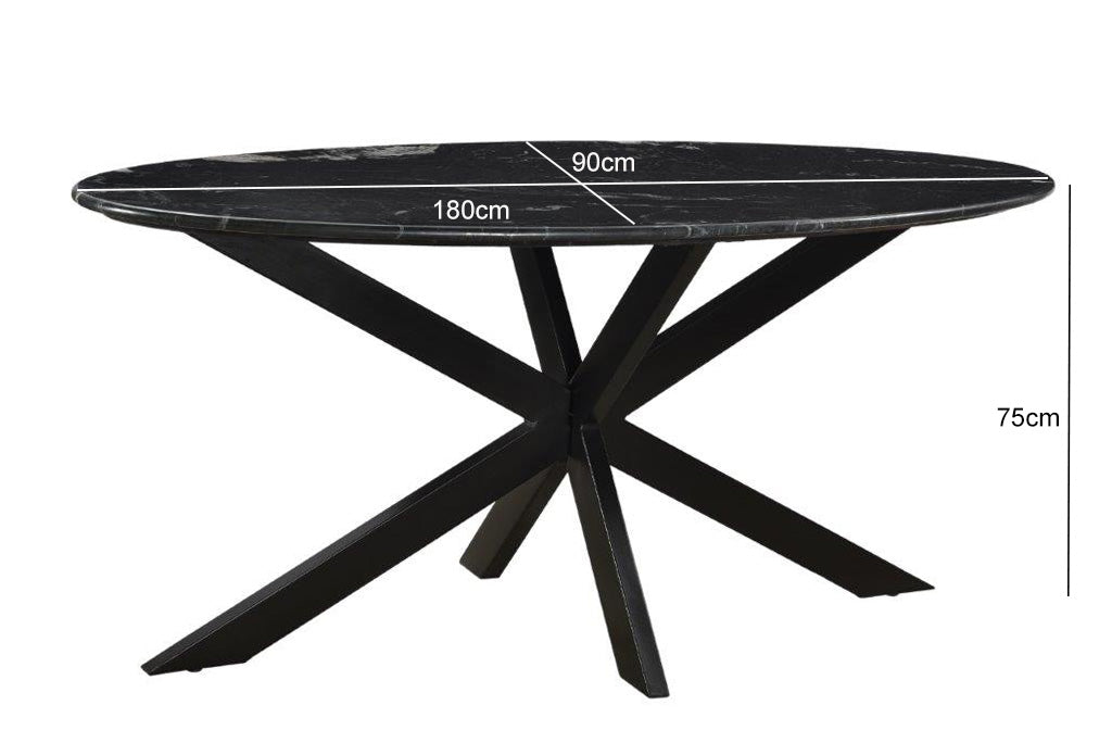 Kayu Living oval black marble dining table with a modern spider-style steel base, 180 cm long.