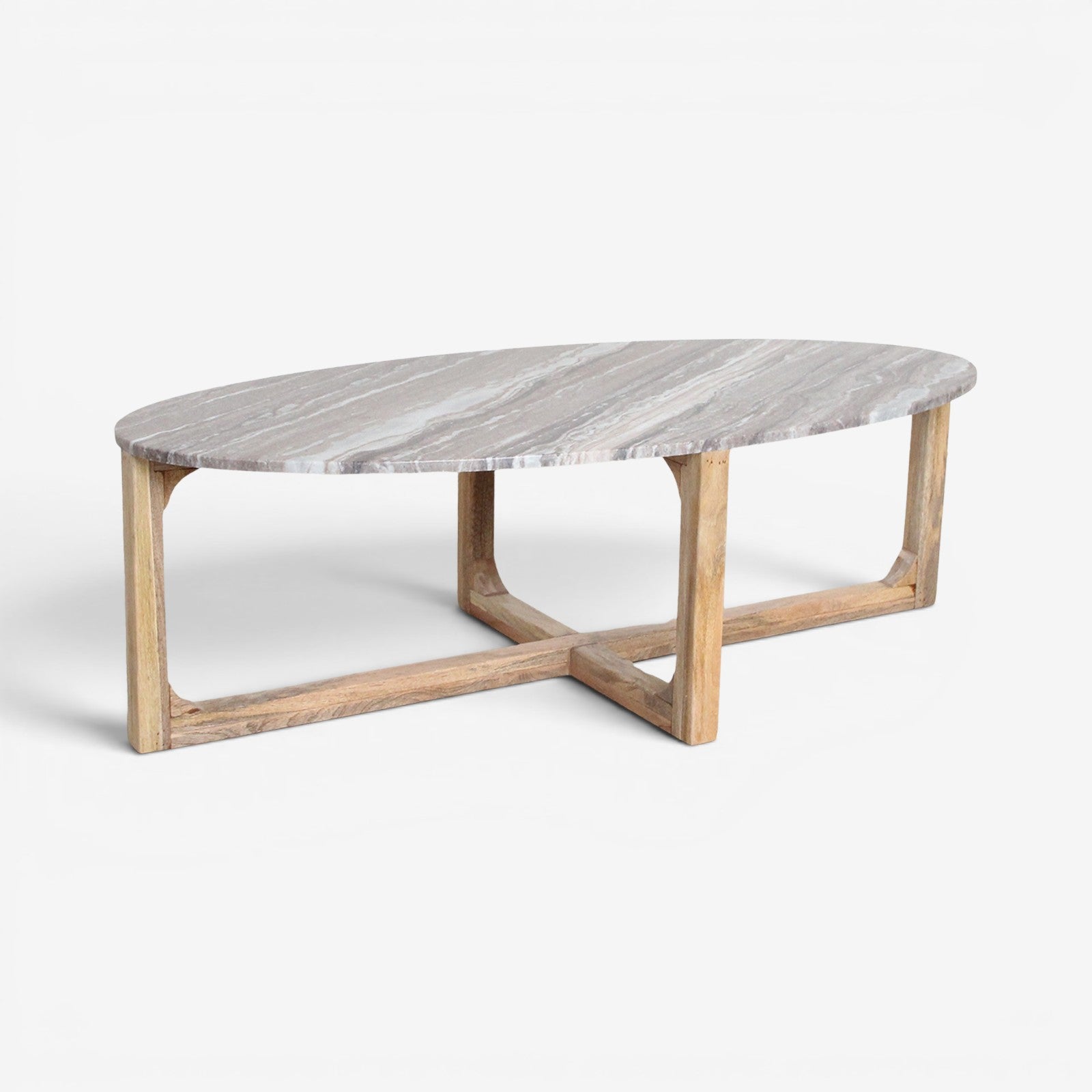 Kayu Living oval Fantasy Brown marble coffee table with unique veining on a sustainable mango wood base.