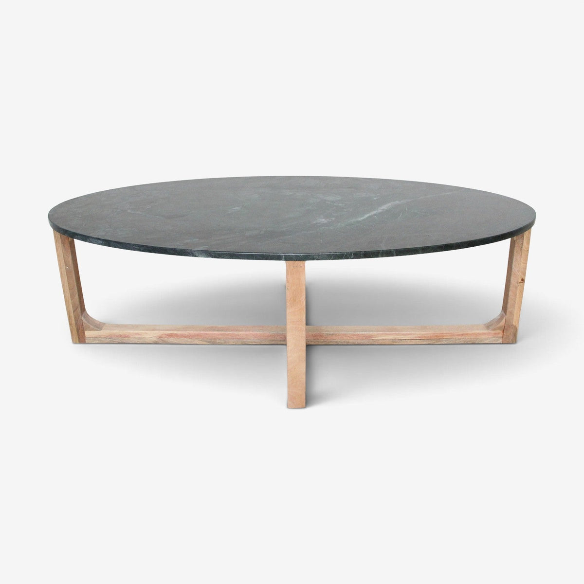 Kayu Living oval coffee table featuring a striking green marble top and a sustainable light mango wood base.
