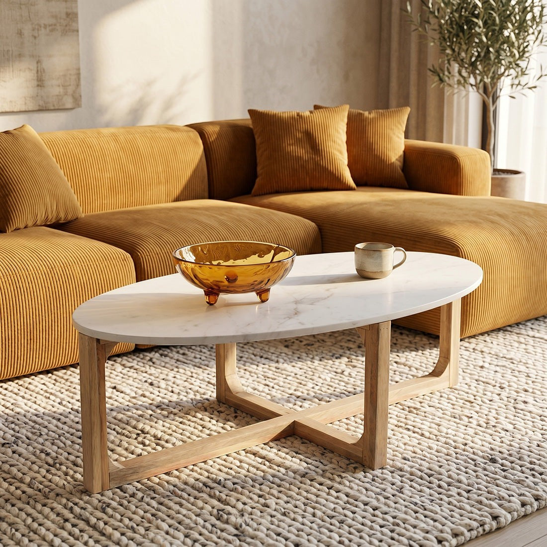 Kayu Living oval coffee table with white marble top and natural mango wood base in a cozy living room setting.