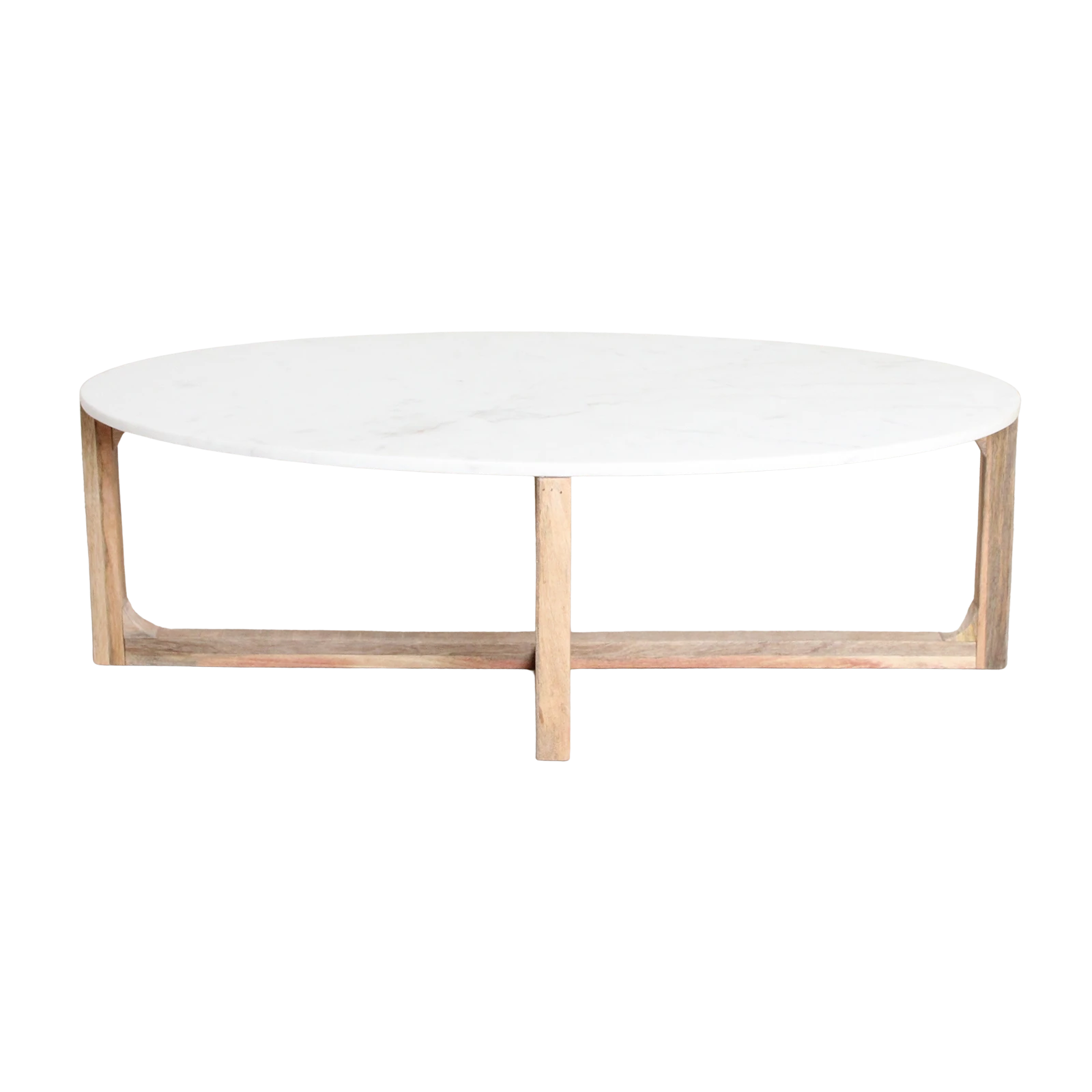 Kayu Living oval coffee table with a white marble top and natural mango wood base.