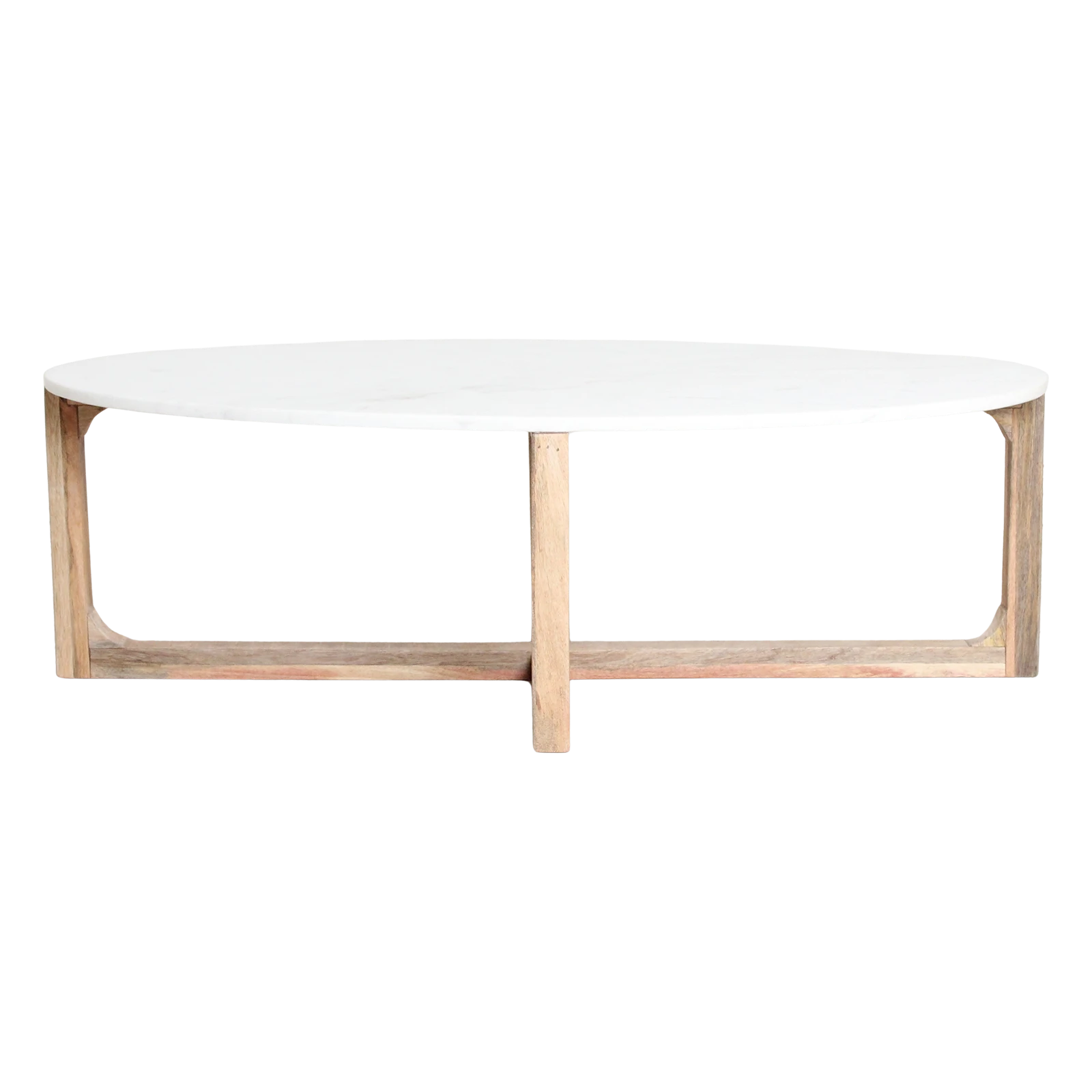 Kayu Living oval coffee table with a white marble top and natural mango wood base on a black background.