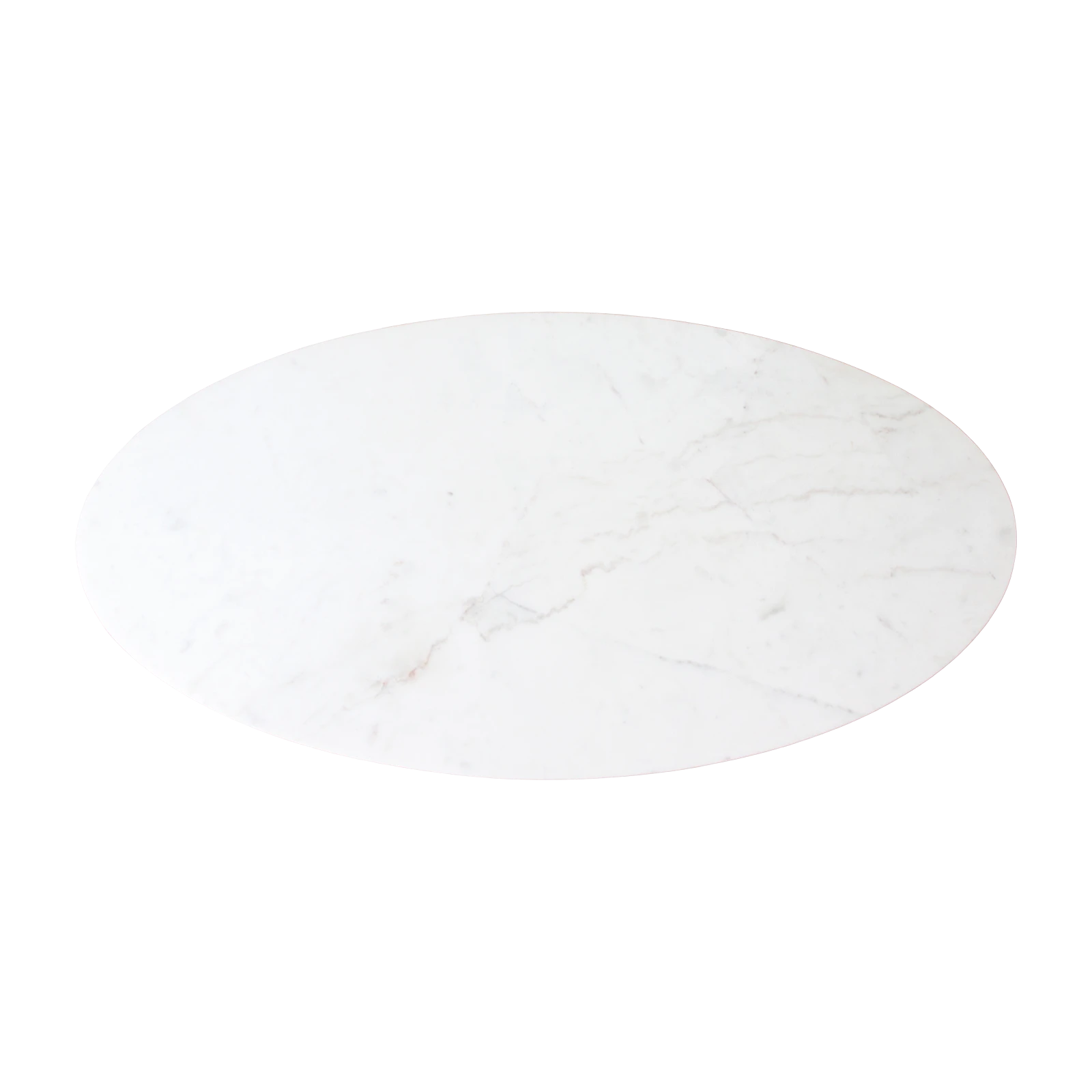 Kayu Living oval white marble coffee table top with natural grey veining viewed from above on a black background