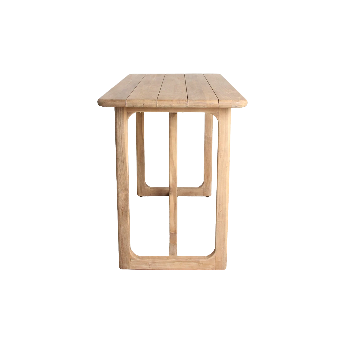 Kayu Living Primavera bar table made of FSC recycled teak with a rounded top and U-shaped legs, side view.