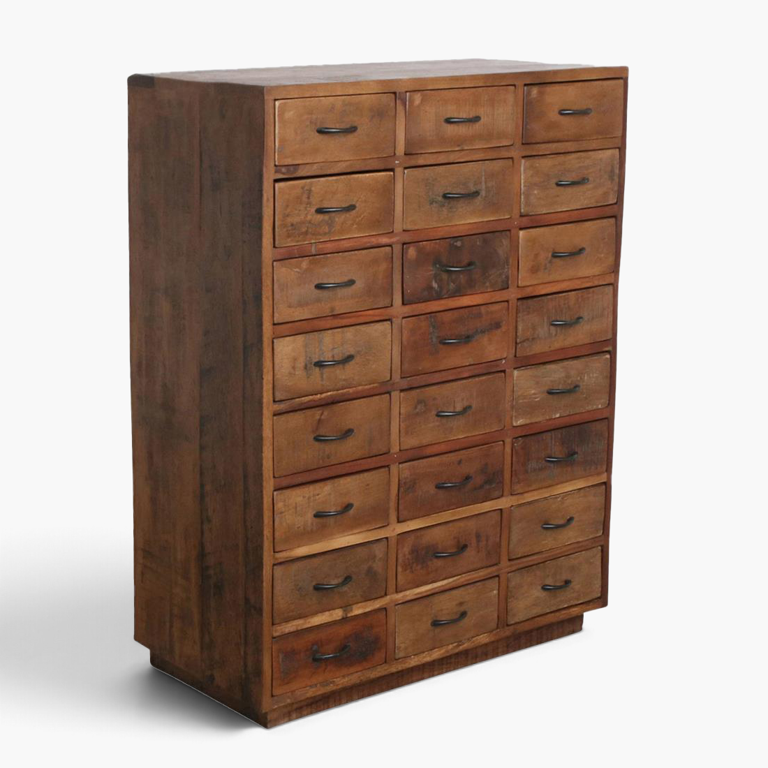 Kayu Living industrial factory cabinet in brown reclaimed hardwood with 24 drawers and black metal handles.