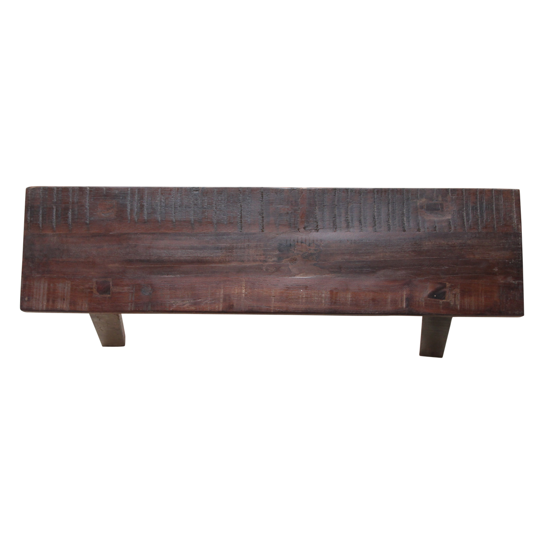 Kayu Living Factory industrial bench made from reclaimed FSC-recycled wood with a warm, rustic dark brown patina.