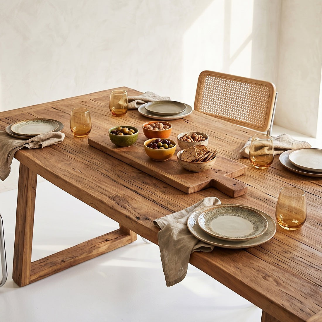 Kayu Living 60 cm reclaimed wood charcuterie board with natural grain, displayed on a rustic dining table with snacks.