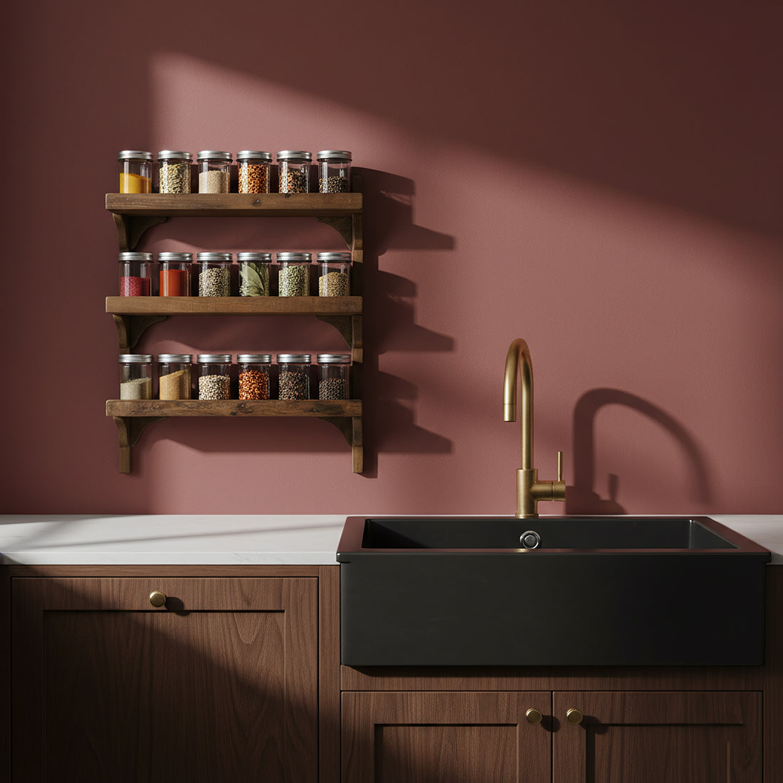 Kayu Living three-tier wall shelf made from reclaimed FSC-recycled wood holding spice jars above a kitchen sink