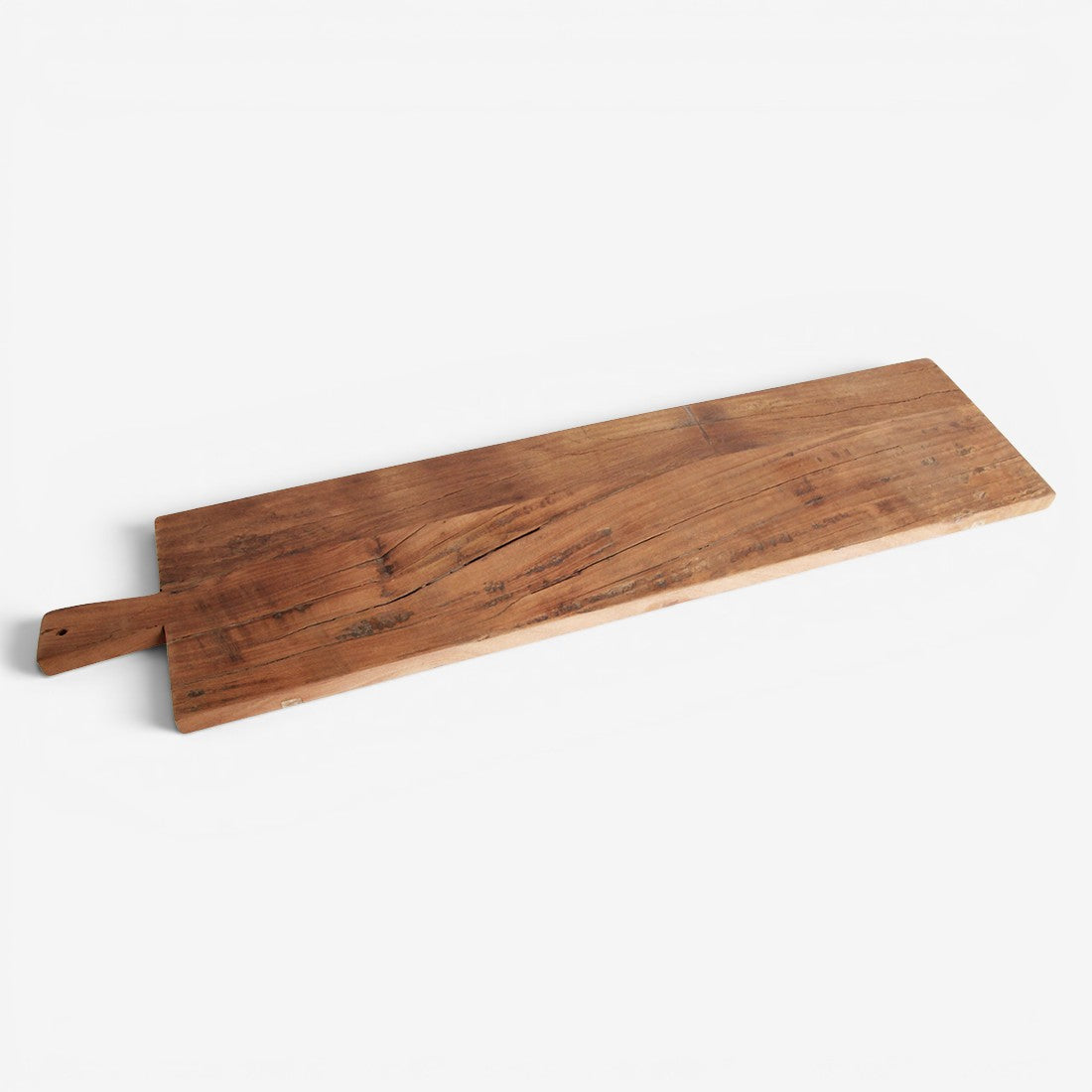 Kayu Living 90 cm handcrafted reclaimed wood snack board with a rustic grain and sturdy handle for serving.