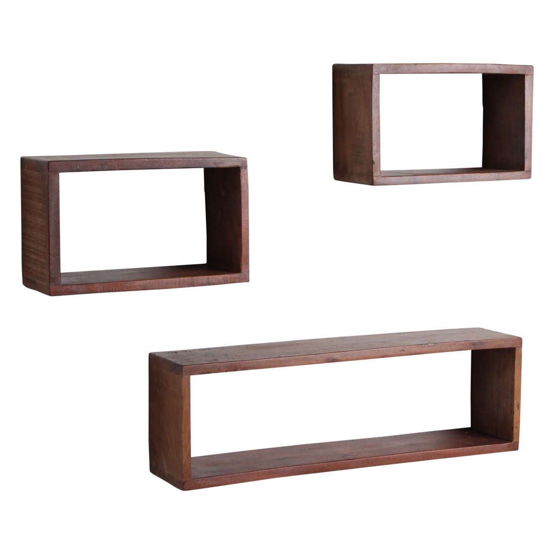 Kayu Living industrial wall shelf boxes made from dark reclaimed FSC-recycled timber in three different sizes.