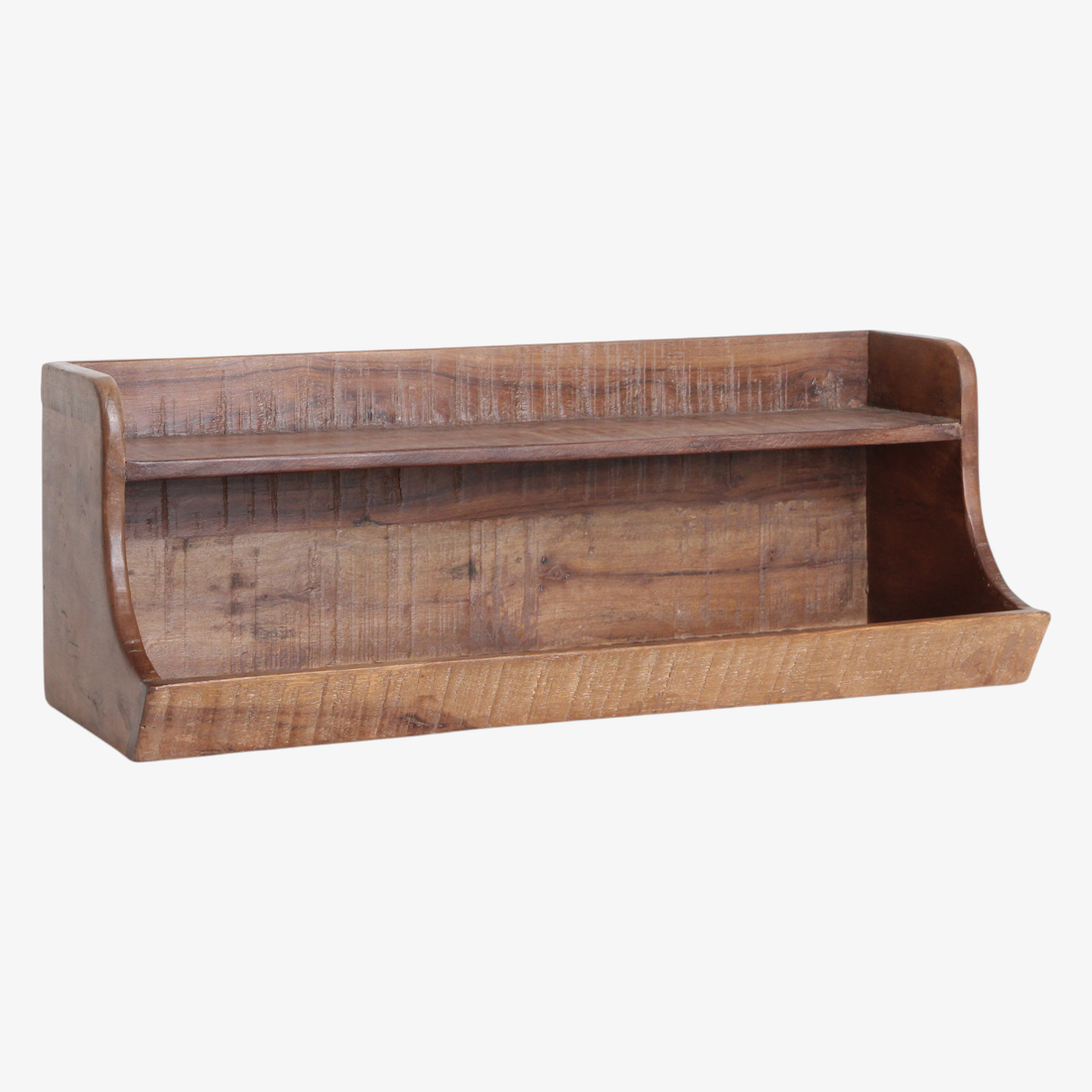 Kayu Living two-tier wall storage shelf made from dark reclaimed FSC-recycled wood with a rustic finish.