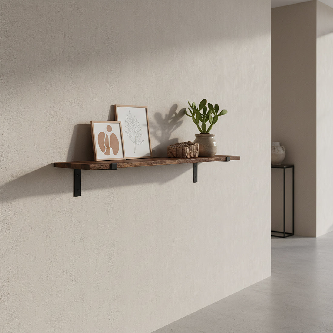 Kayu Living 120cm industrial wall shelf made of dark reclaimed FSC-recycled wood with black metal brackets.