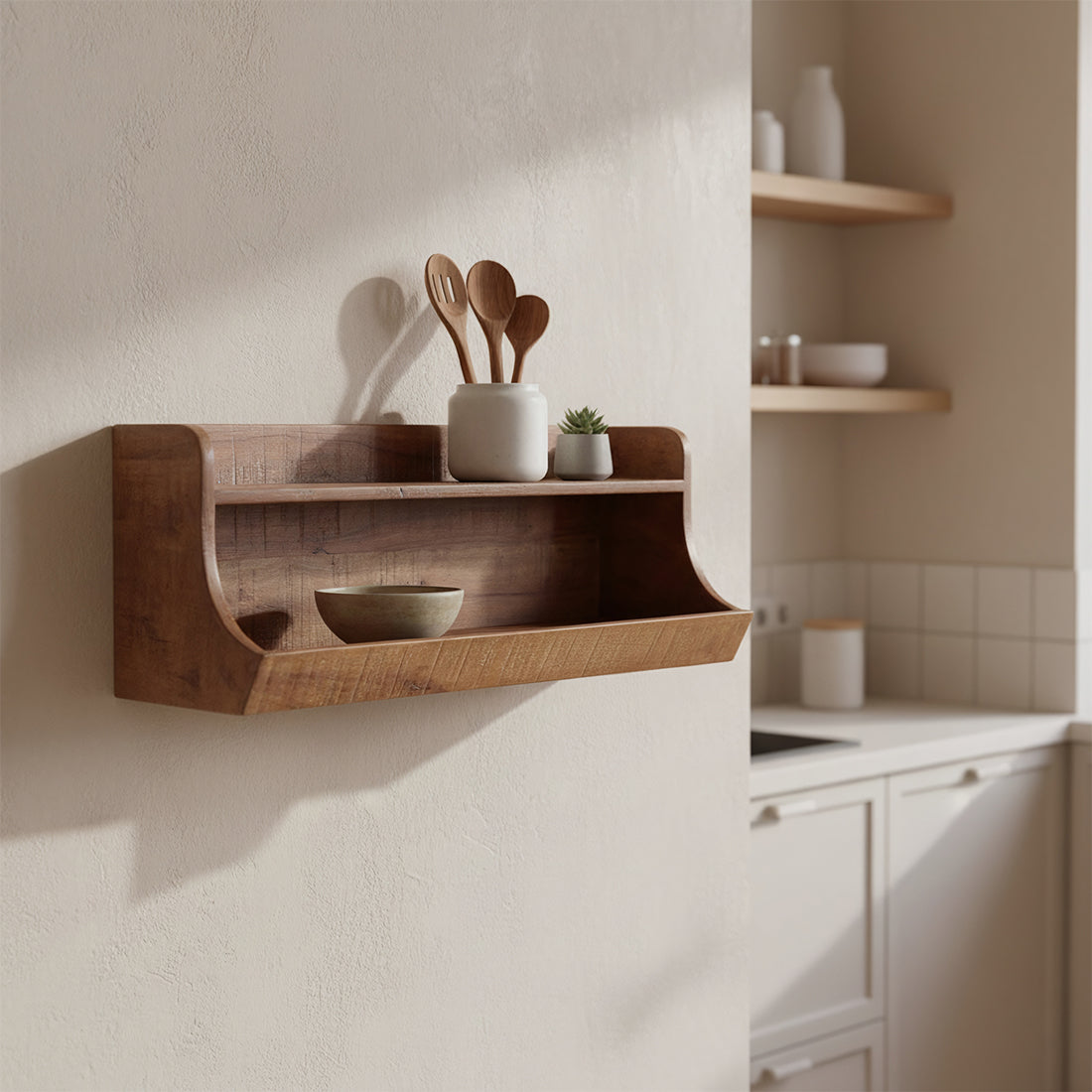 Kayu Living Factory two-tier wall shelf in dark reclaimed wood mounted on a kitchen wall with kitchen utensils.