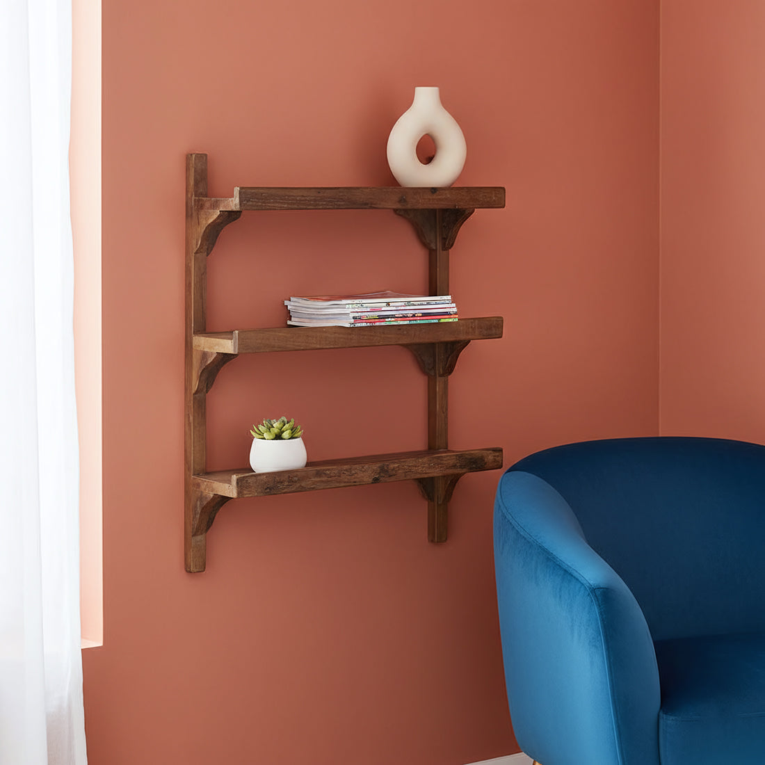 Kayu Living three-tier industrial wall shelf made from reclaimed FSC-recycled wood with a rustic patina