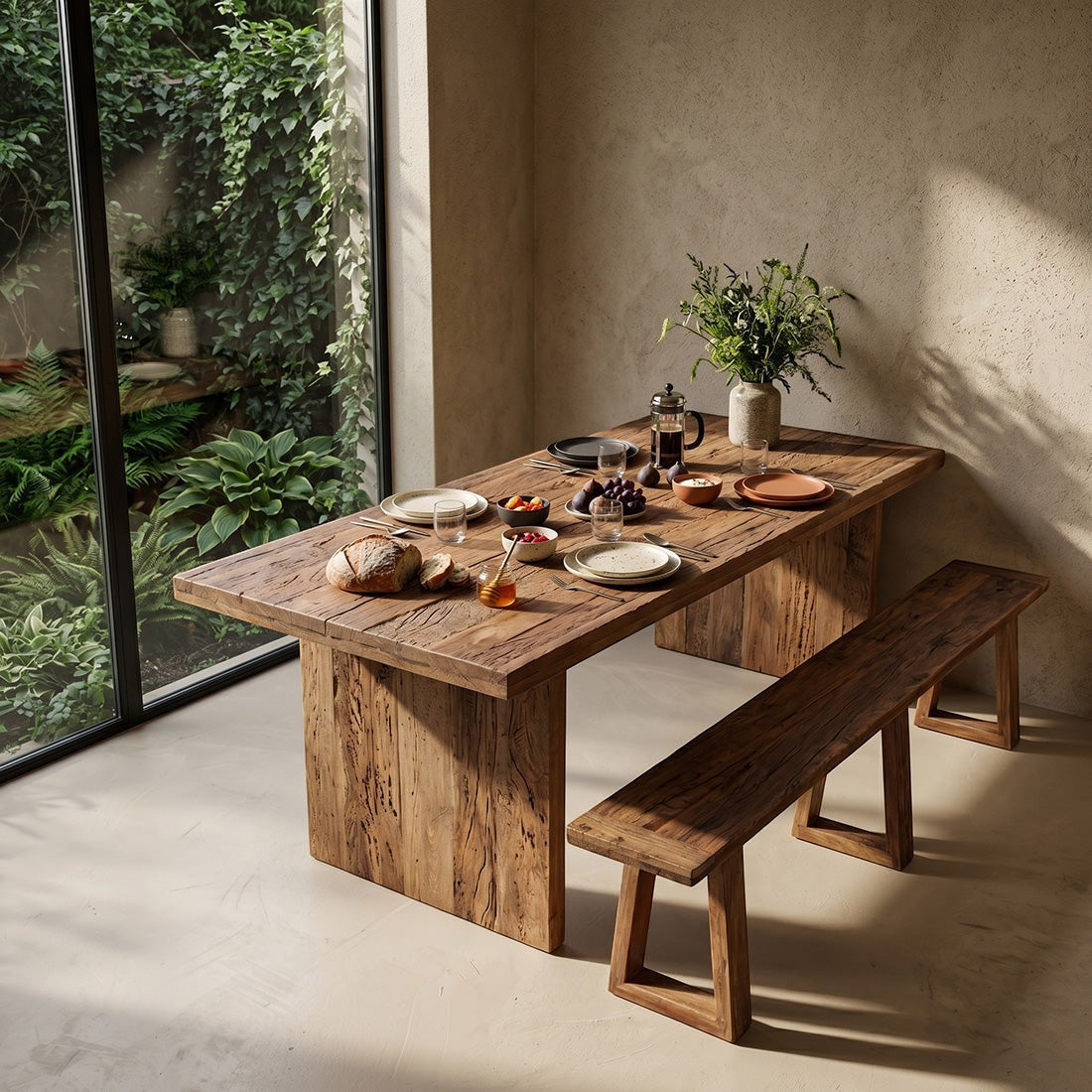 Kayu Living Farmwood waterfall dining table and bench set in reclaimed timber with natural wood grain and knots
