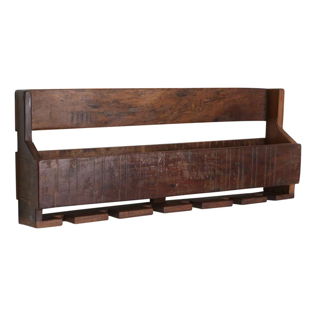 Kayu Living industrial hanging wine rack made from reclaimed FSC-recycled wood with under-mounted glass slots
