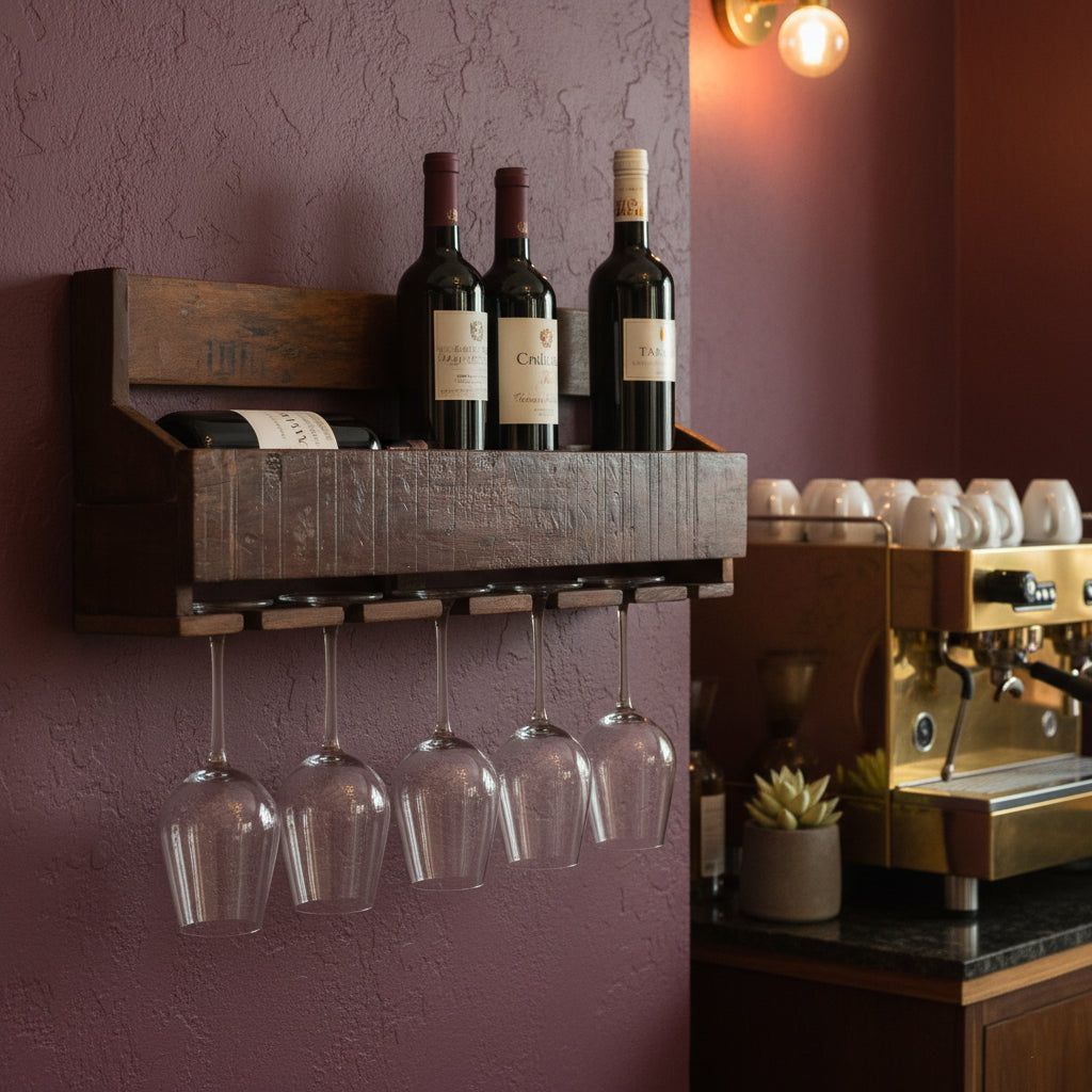 Kayu Living industrial hanging wine rack made from reclaimed FSC-recycled wood with wine bottles and glass storage.