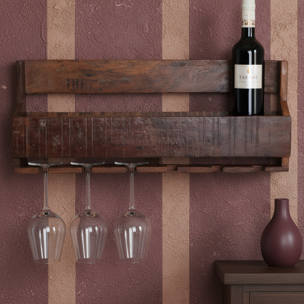 Kayu Living industrial wall-mounted wine rack made from reclaimed FSC-recycled wood with hanging wine glass slots.