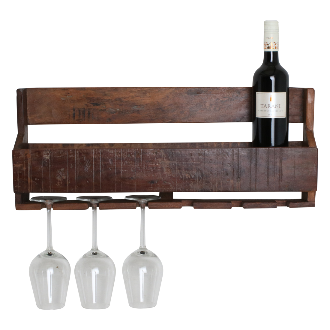 Kayu Living industrial wall-mounted wine rack made from reclaimed FSC-recycled wood with glass storage slots