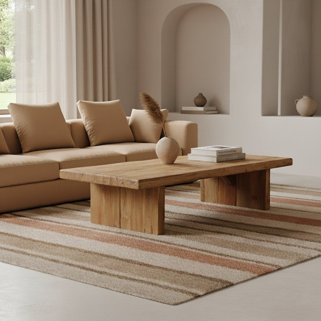 Kayu Living FSC-recycled teak coffee table with natural grain, 140x60x30 cm, in a modern living room setting.