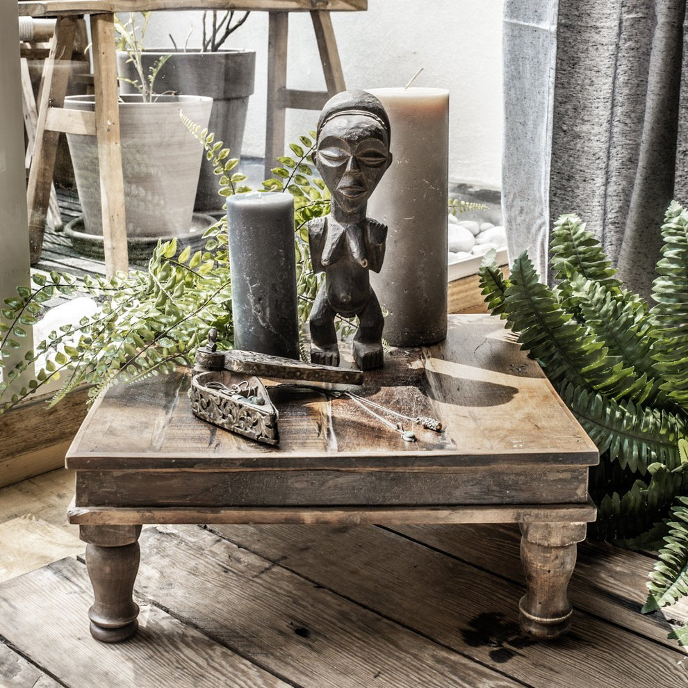Kayu Living Factory Bajot side table made from rustic FSC-recycled wood with hand-turned legs and unique patina.