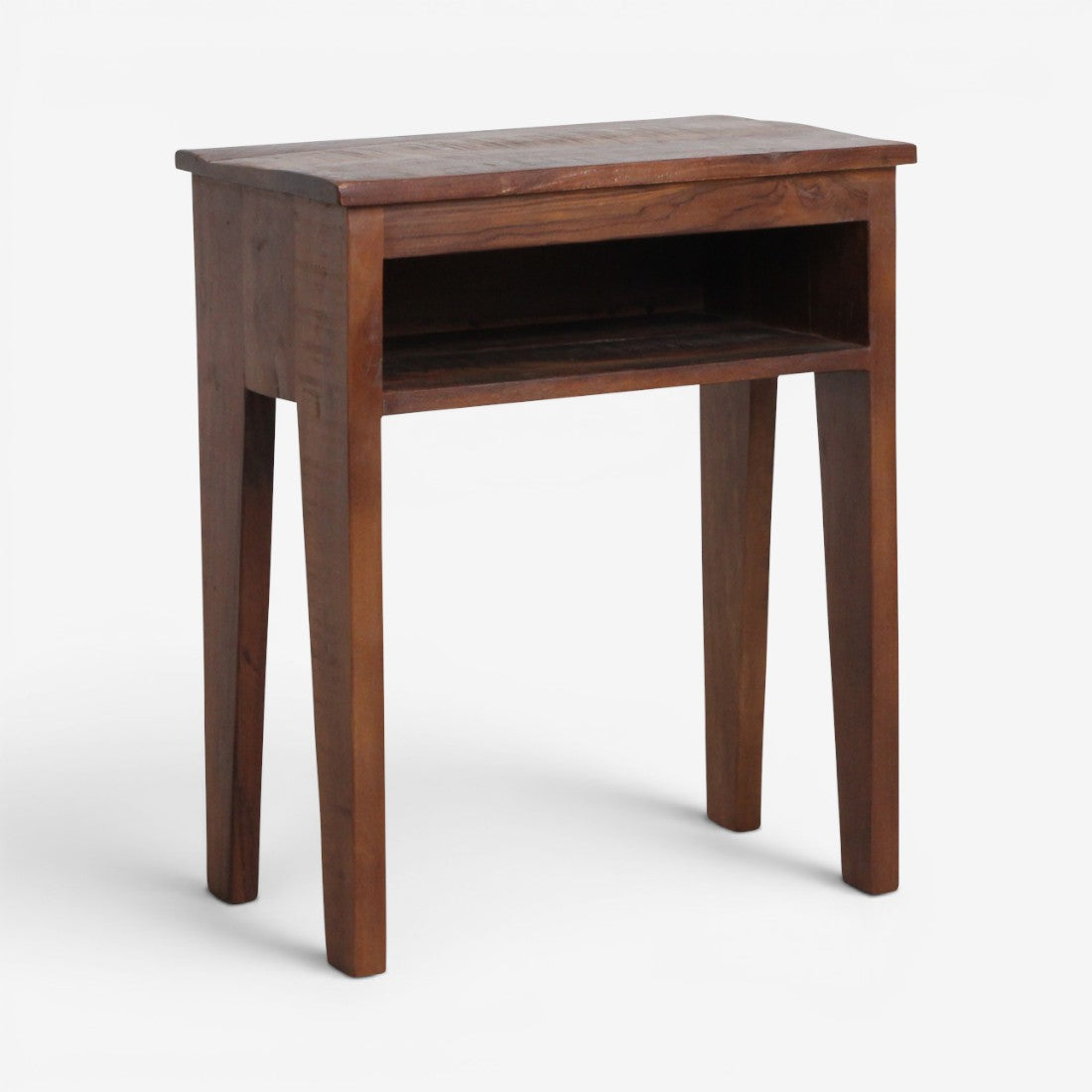 Kayu Living Factory bedside table made from brown FSC-recycled wood with tapered legs and an open storage shelf.