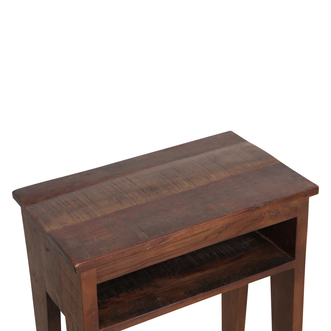 Kayu Living Factory bedside table made from dark brown FSC-recycled wood with an open storage shelf