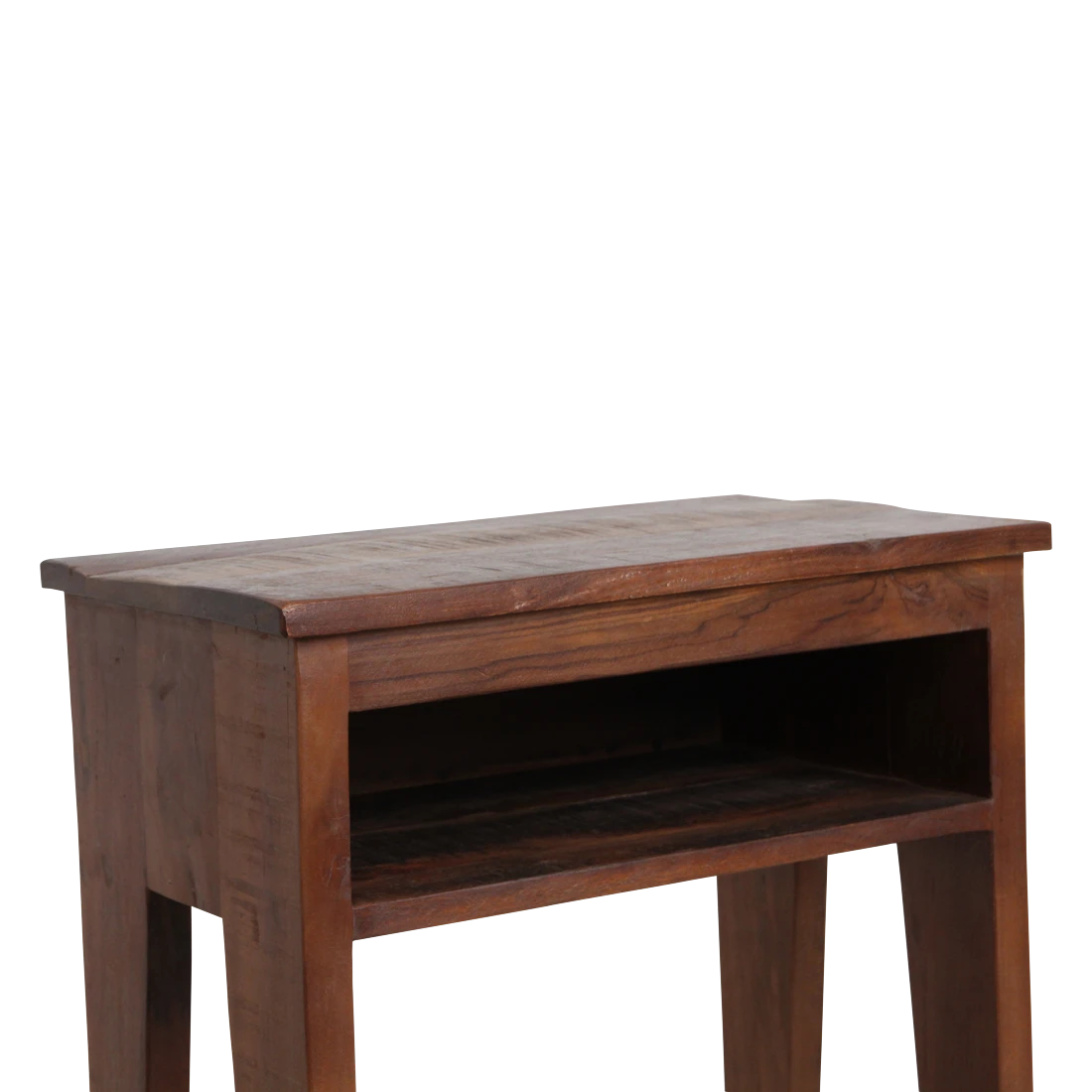 Kayu Living Factory bedside table made from dark FSC-recycled wood with an open shelf and industrial design