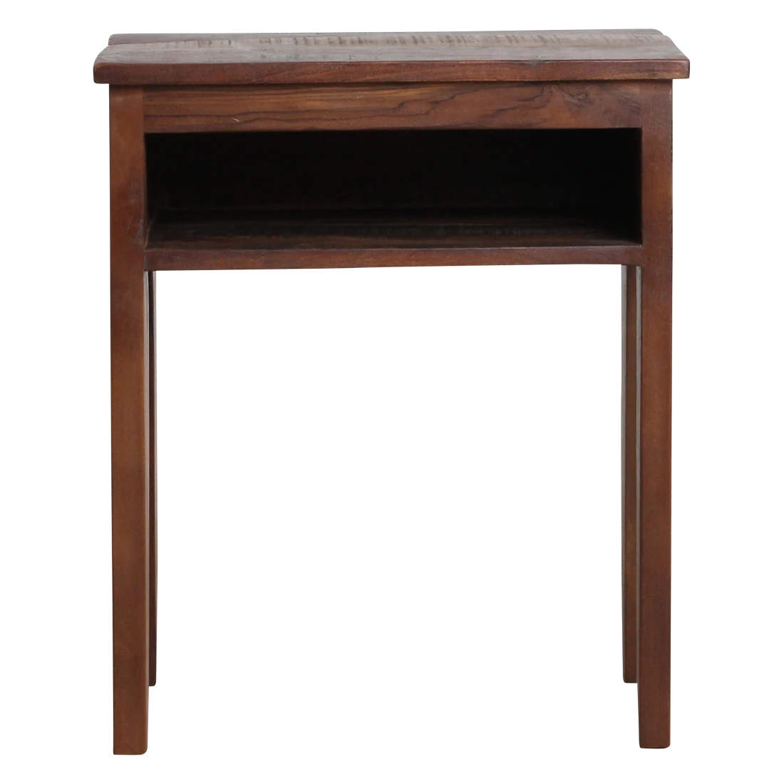 Kayu Living Factory bedside table made from dark FSC-recycled wood with an open shelf and slim tapered legs.