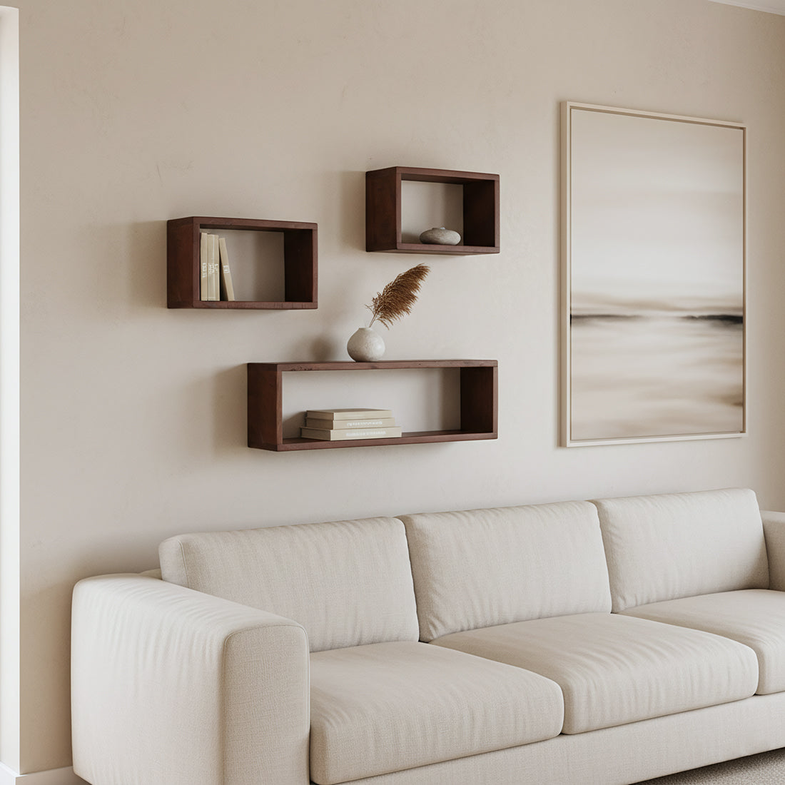 Kayu Living rectangular FSC recycled wood wall shelves in warm tones mounted above a beige sofa with decor items