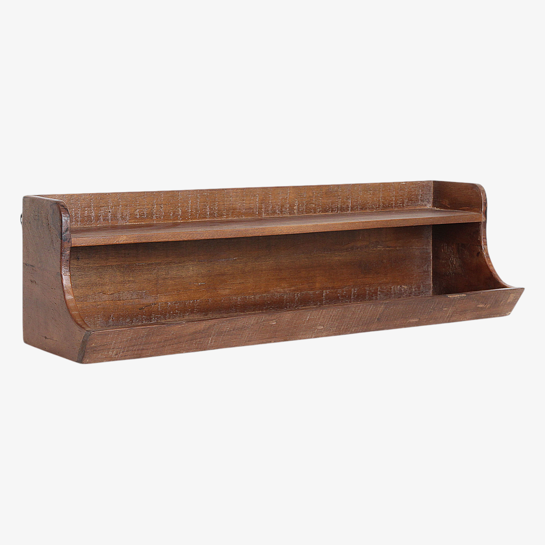 Kayu Living double-level wall shelf made from dark FSC-recycled hardwood with a raised edge for secure storage.