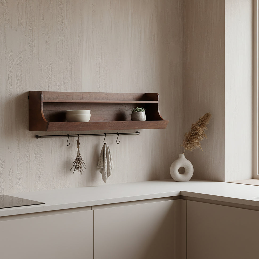 Kayu Living double-level wall shelf in FSC-recycled hardwood with a rail and hooks mounted in a modern kitchen.