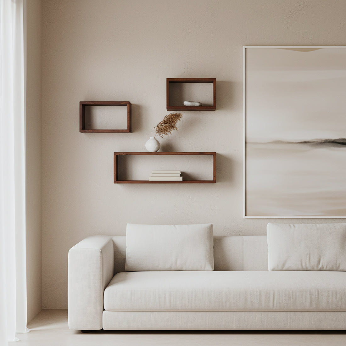Kayu Living rectangular recycled wood wall shelves mounted above a beige sofa with minimalist decor
