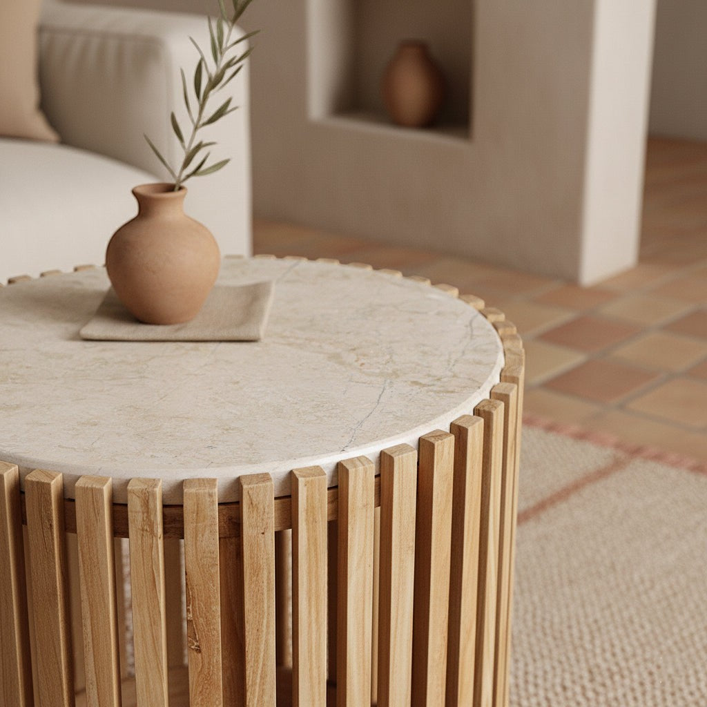 Kayu Living Infinity round side table with a natural marble top and vertical Sungkai wood slat base in a living room.