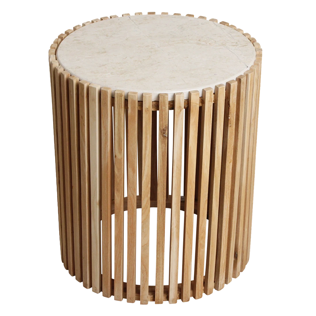Kayu Living Infinity round side table with a natural marble top and a slatted Sungkai wood base.