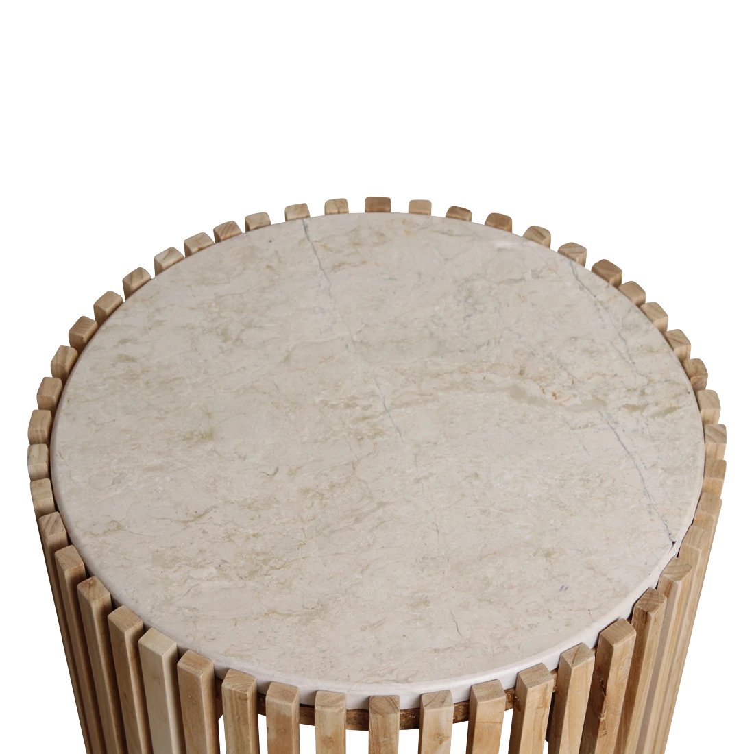 Kayu Living Infinity round side table with a natural marble top and a slatted Sungkai wood base